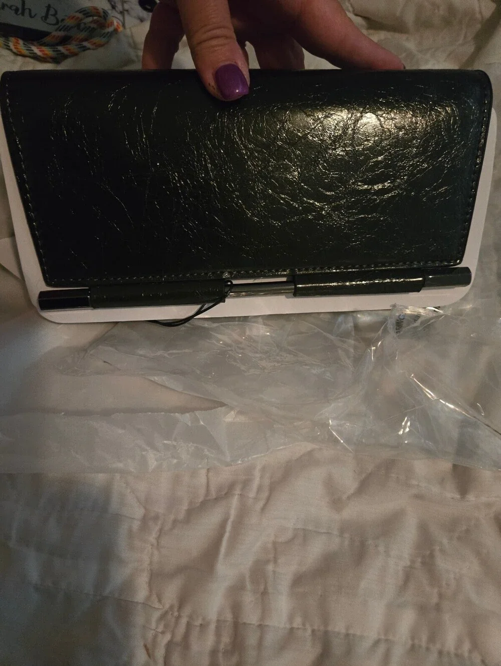 BCBG Bar Hardware Black Metallic Embossed Clutch NWT